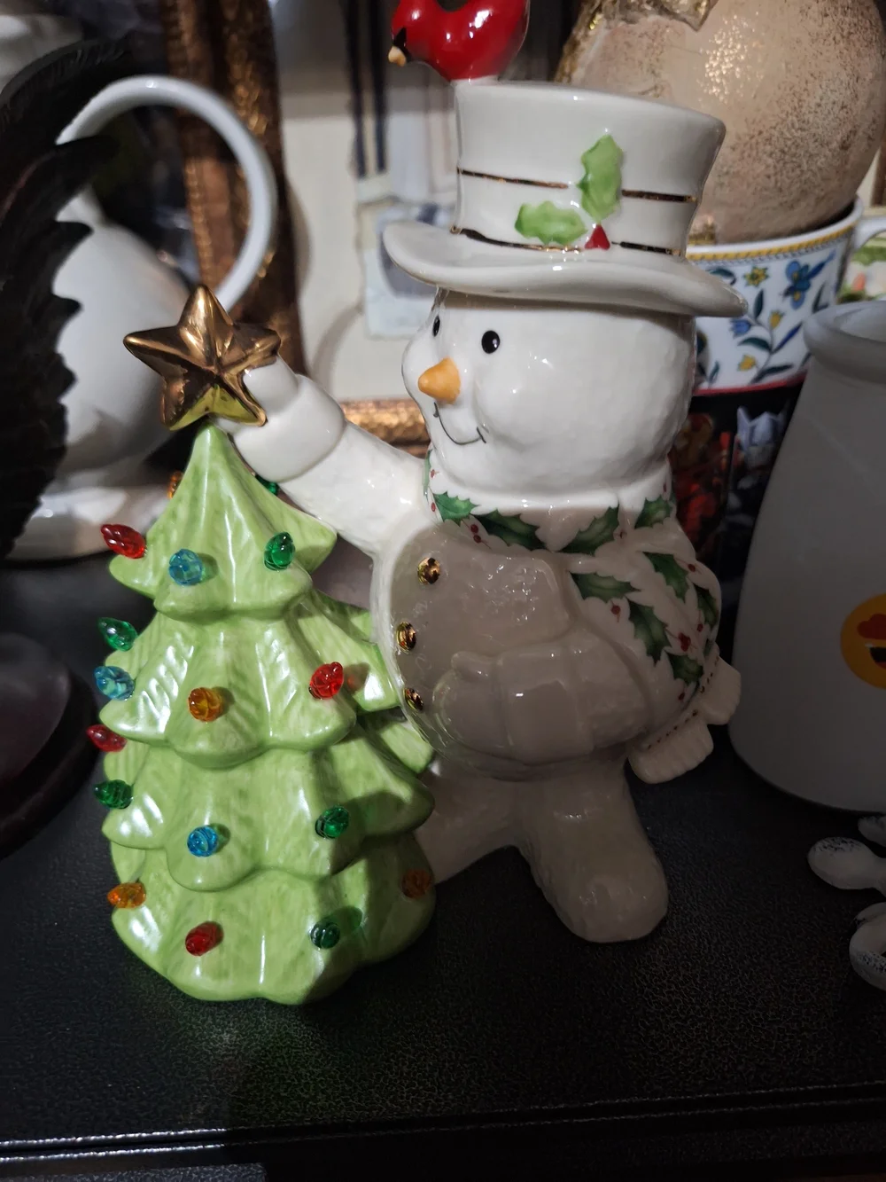 Lenox White Snowman Figurine with Green Christmas Tree and Gold Star